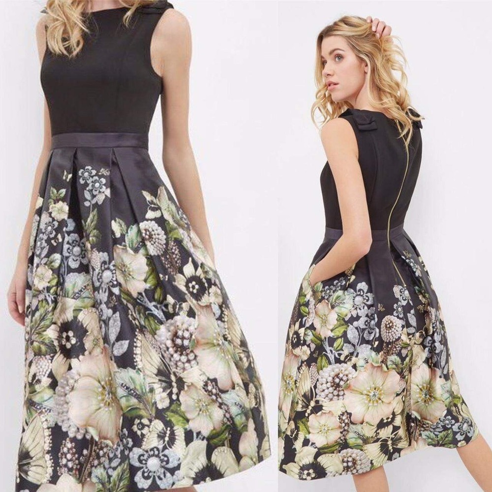 Ted Baker Felcity Dress Black Floral Fit & Flare Party Cocktail Sz 2 US (0 Ted)